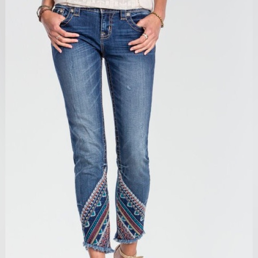 Miss Me Signature Ankle Skinny Jeans Size 26 Embroidered Boho Trim Raw Hem